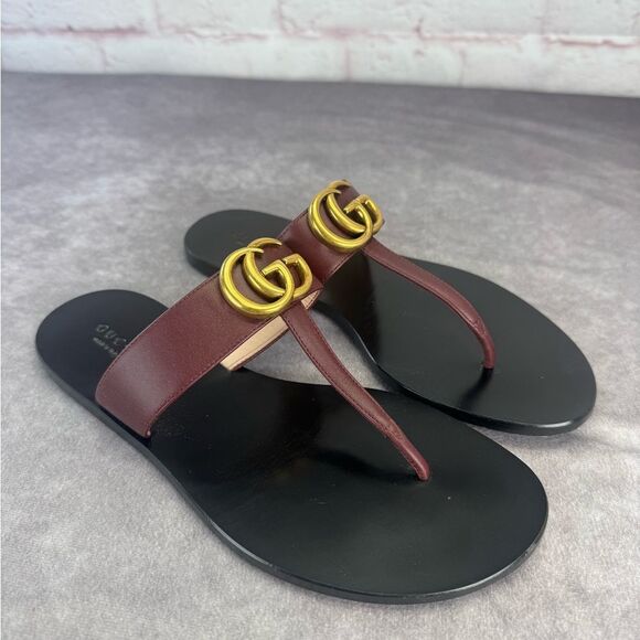 Authentic Gucci Bordeaux Gg Marmont Leather Thongs 37 - Picture 3 of 14